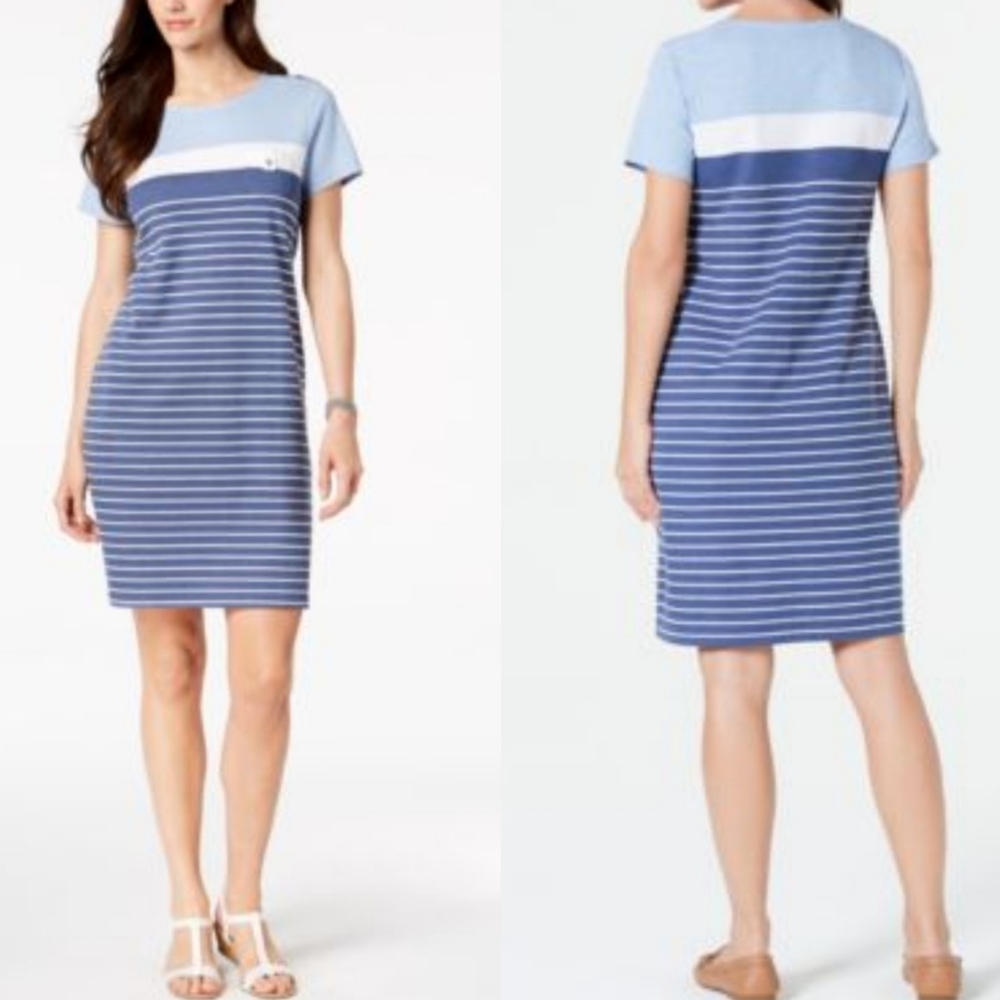 Karen Scott Blue & White Striped T-Shirt Dress